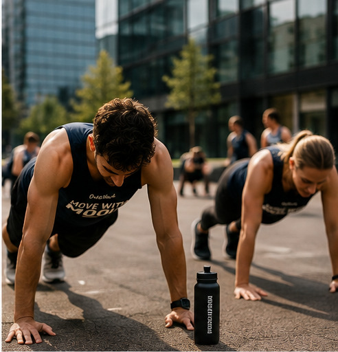 Participants doing push-ups outdoors in Move with MOOD tops
